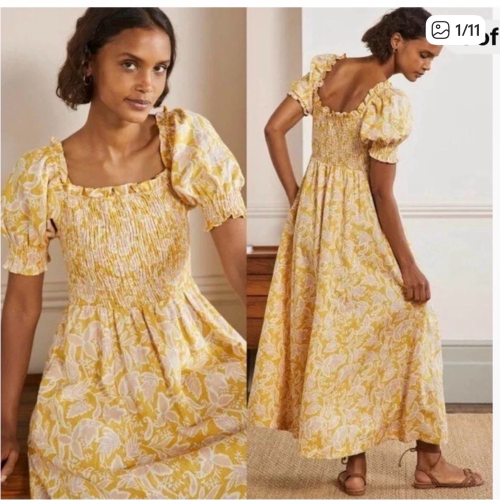 Boden Smocked Bodice Midi Dress in Butter/Wild Flora